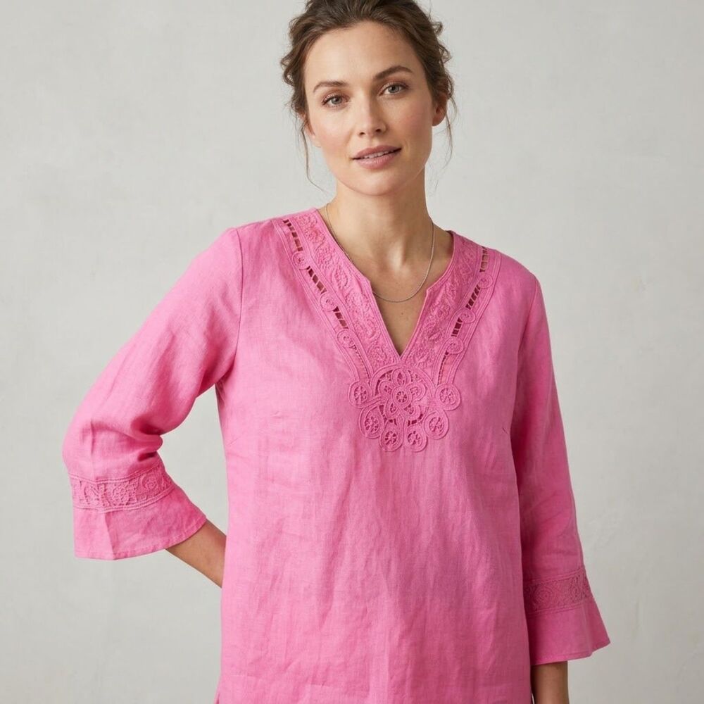 Silkland 100% Linen Embroidered Tunic Womens Sz 1X Pink V-Neck Flare Sleeve Boho
